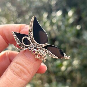 BUTTERFLY 925 Silver Onyx Marcasite Art Deco BROOCH
